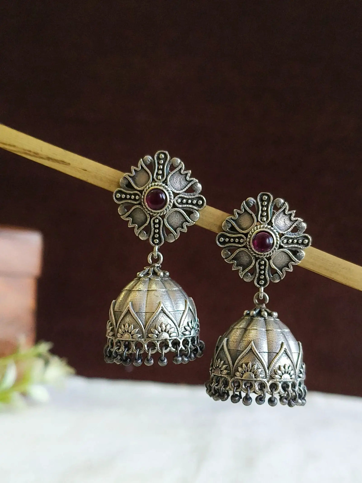 Silver Oxidized Floral Stone Antique Jhumki | Sarichka
