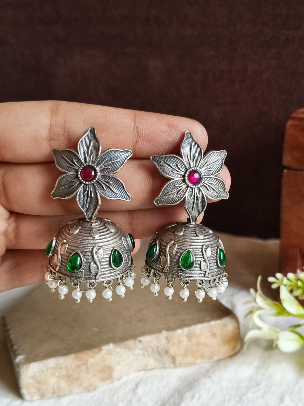 Silver Antique Oxidised Ethnic Jhumka Earring | Sarichka