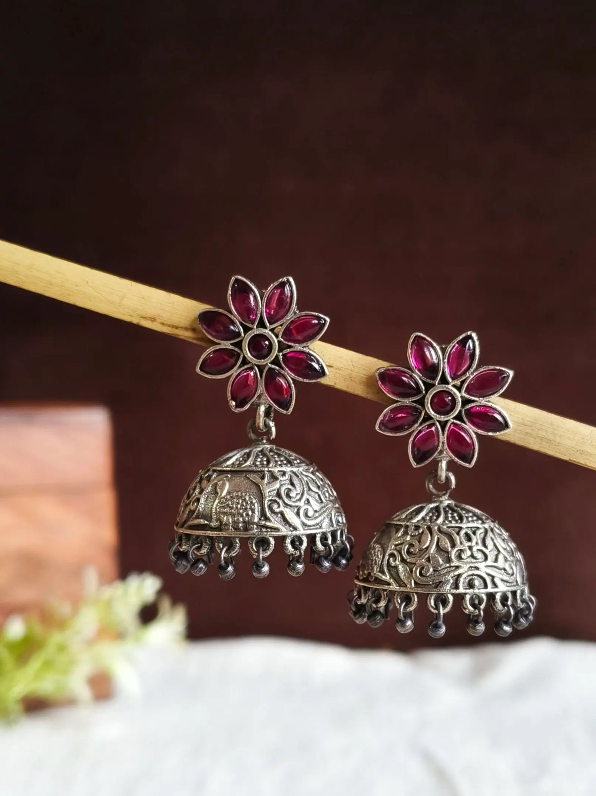 Ethnic Antique Oxidised Stone-Studded Jhumka| Sarichka