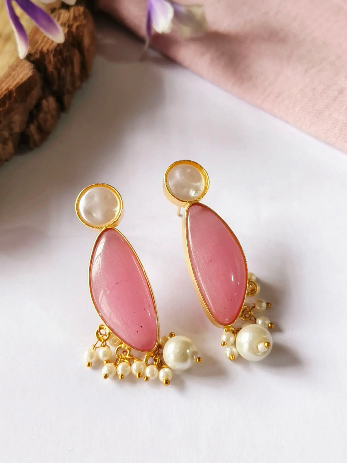 Pink Monalisa Stone Pearl Drop Studs | Sarichka