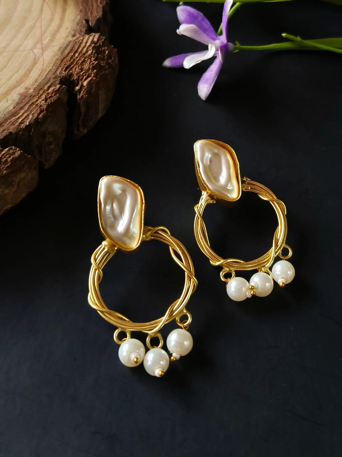Golden Mother of Pearls Beaded Drop Earrings | Sarichka