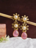 Golden Floral Pearl Drop Danglers Earring | Sarichka