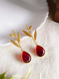 Red Teardrop Stone Golden Leaf Earring | Sarichka