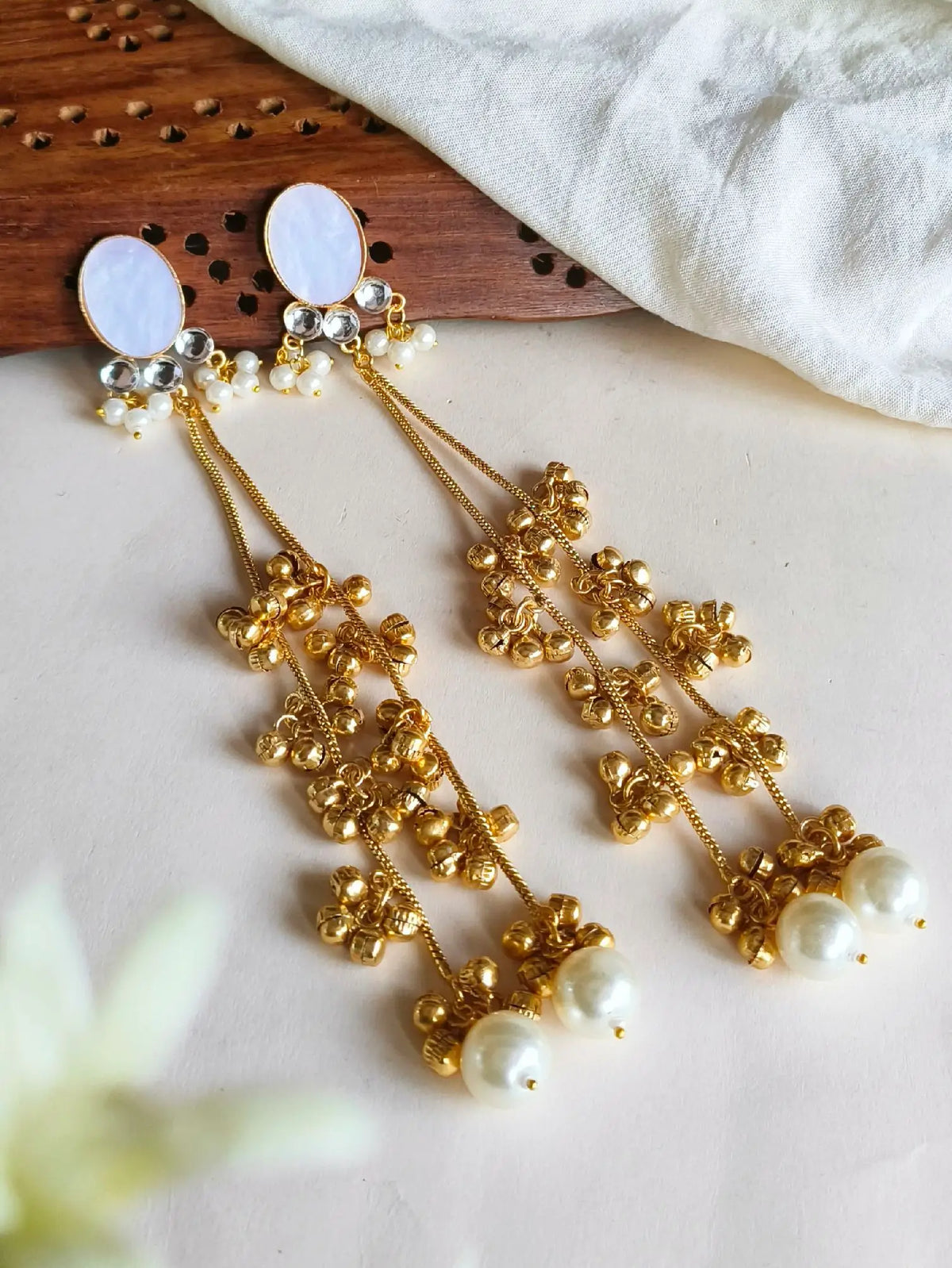 Antique Golden Kashmiri Pearl Ghungroo Danglers | Sarichka