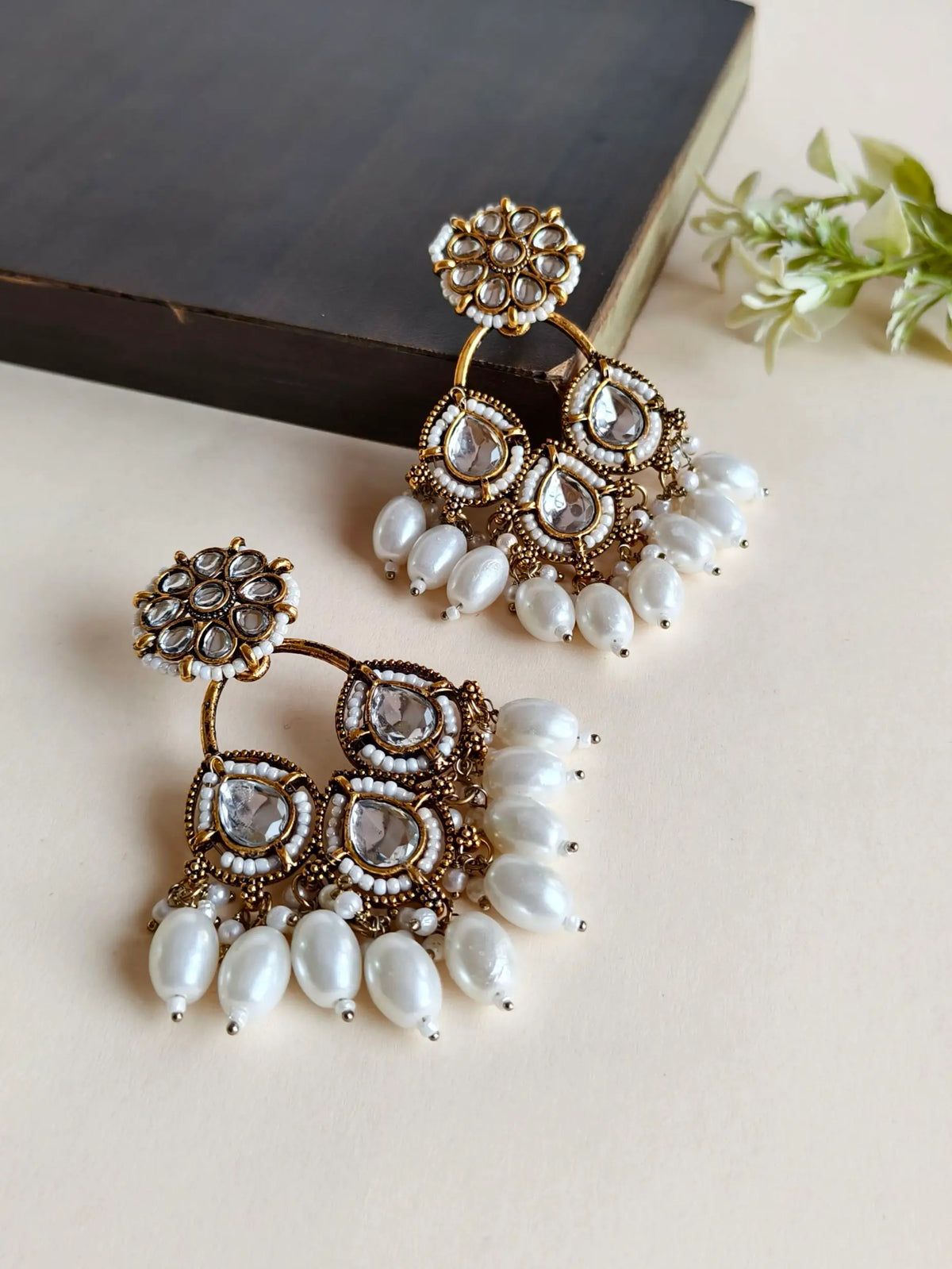 Gold Polki Diamond Pearl Dangler Earrings | Sarichka