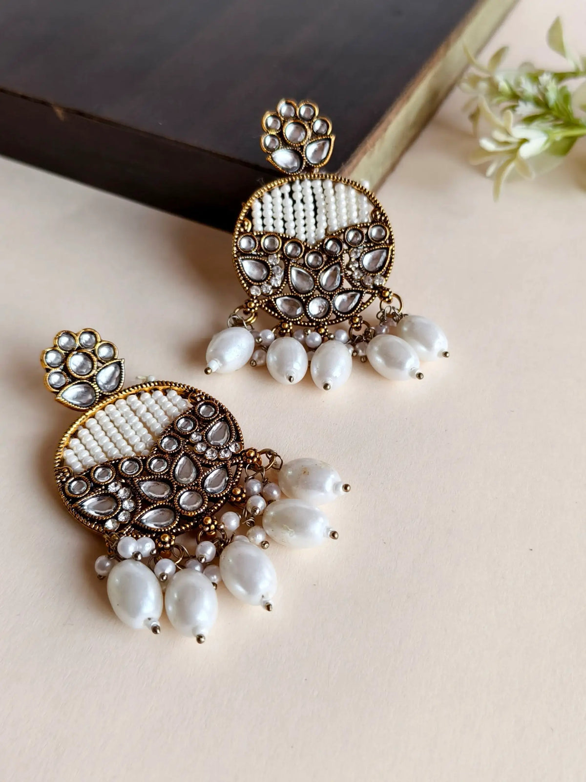 Golden Polki Pearl Chandelier Dangler Earrings | Sarichka