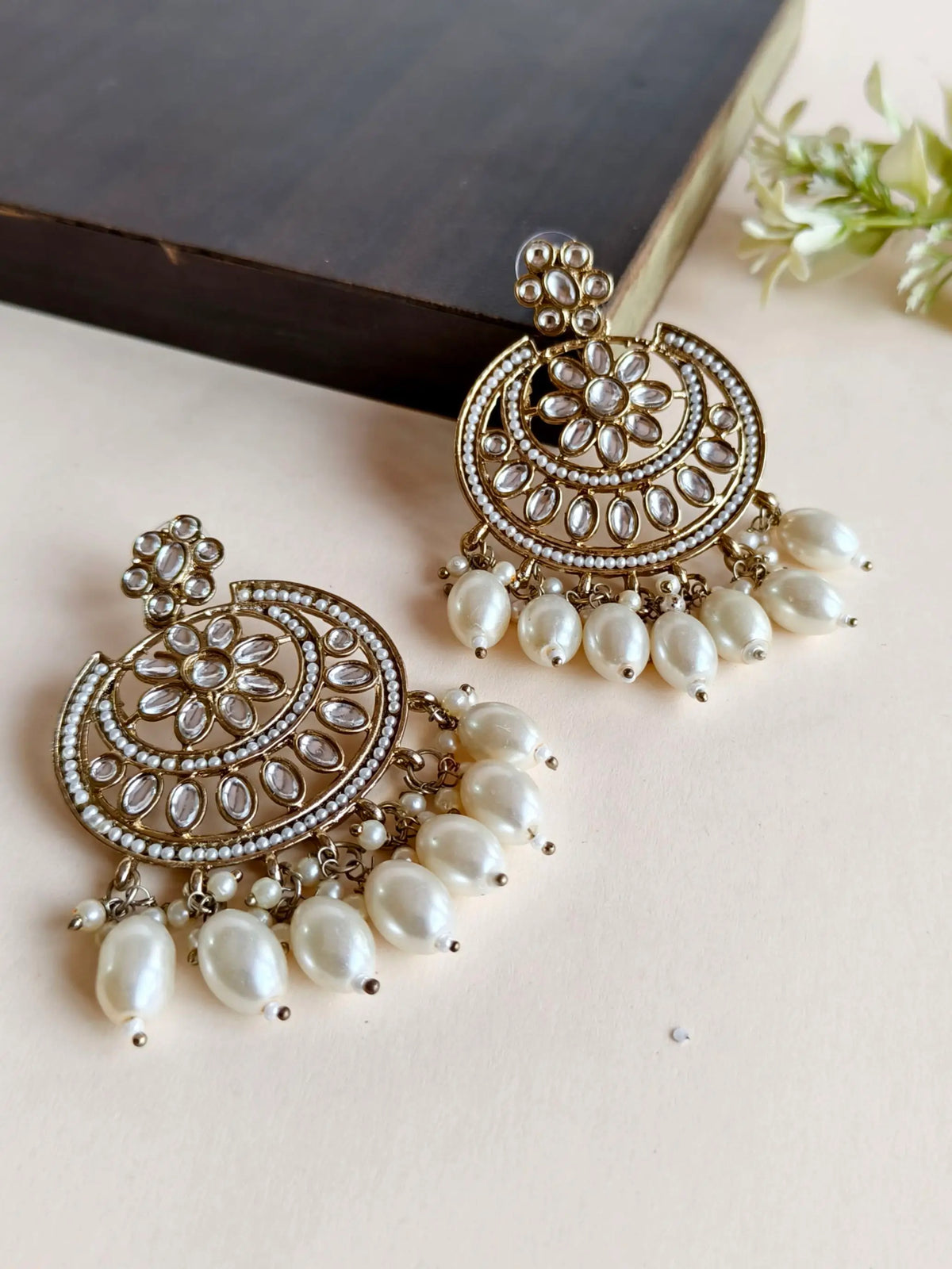 Gold Plated Kundan Pearl Chandbali Earrings | Sarichka