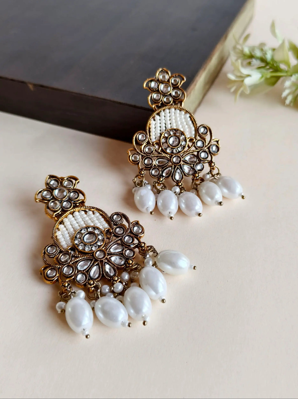White Polki Kundan Wedding Chandbali Earrings | Sarichka