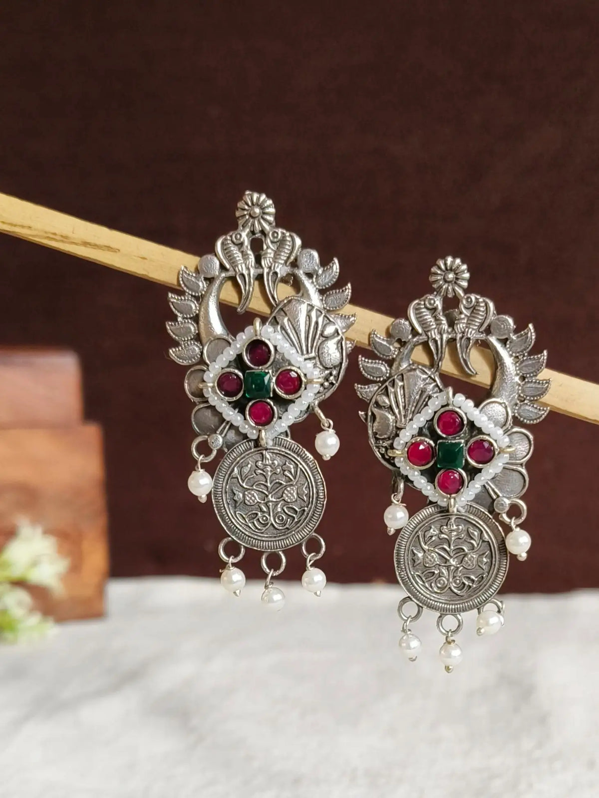 Silver oxidized Peacock Coin motifs Earrings | Sarichka
