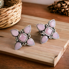 Oxidized Silver Plated Stone Studded Stud Earrings