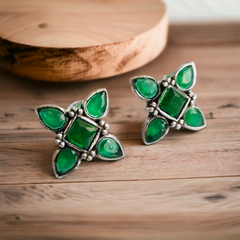 Oxidized Silver Plated Stone Studded Stud Earrings