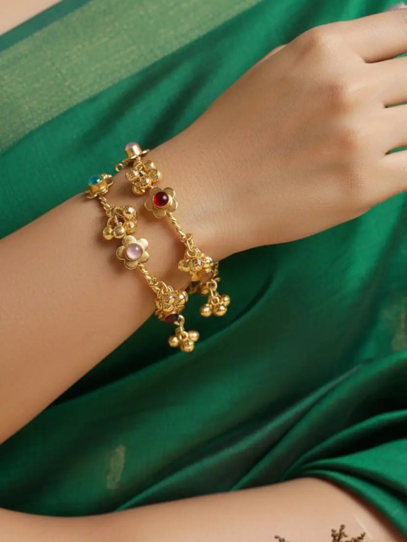 Golden Ghungroo Multi-Stone Bangles Set | Sarichka