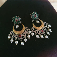 Brass Oxidized Silver Plated Dual Tone Chand Bali  Earring