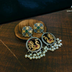 Oxidized Silver Plated Dual Tone Peacock Earrings