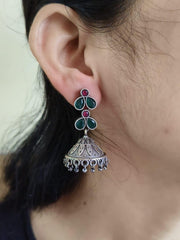 Oxidized Silver Plated Stone Studded Jhumki