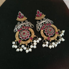 Sarichka Brass Oxidized Silver Plated Dual Tone Pearl Drops earrings