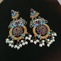 Sarichka Brass Oxidized Silver Plated Dual Tone Pearl Drops earrings