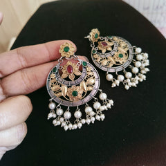 Oxidized Silver Replica Dual Tone Earrings with Pearls & Stones