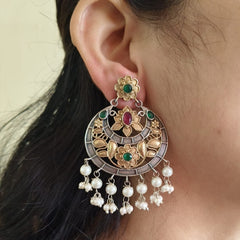 Oxidized Silver Replica Dual Tone Earrings with Pearls & Stones