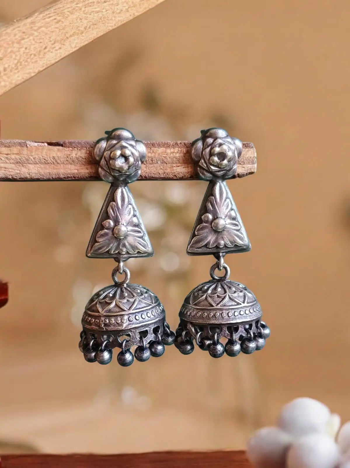 Antique Silver Look-Alike Handcrafted Lightweight Jhumka Earrings | Sarichka