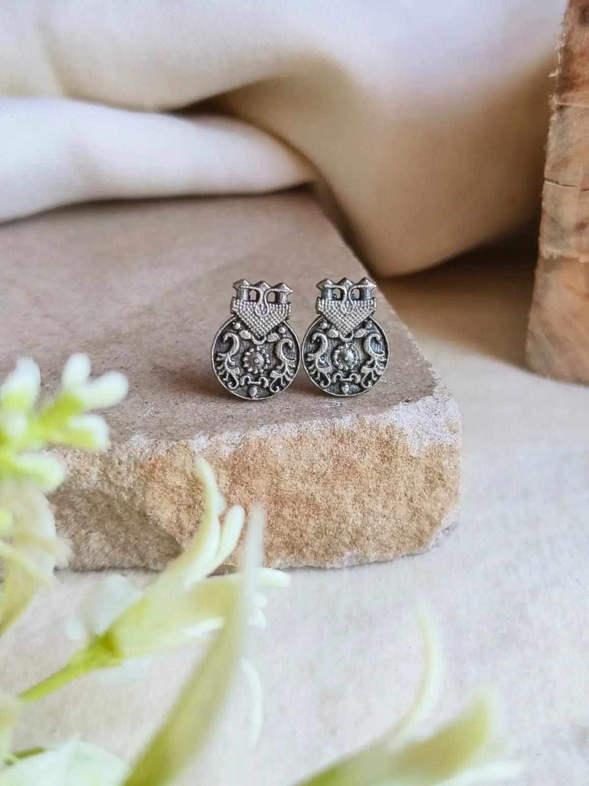 Silver-Toned Oxidized Owl Stud Earrings | Sarichka