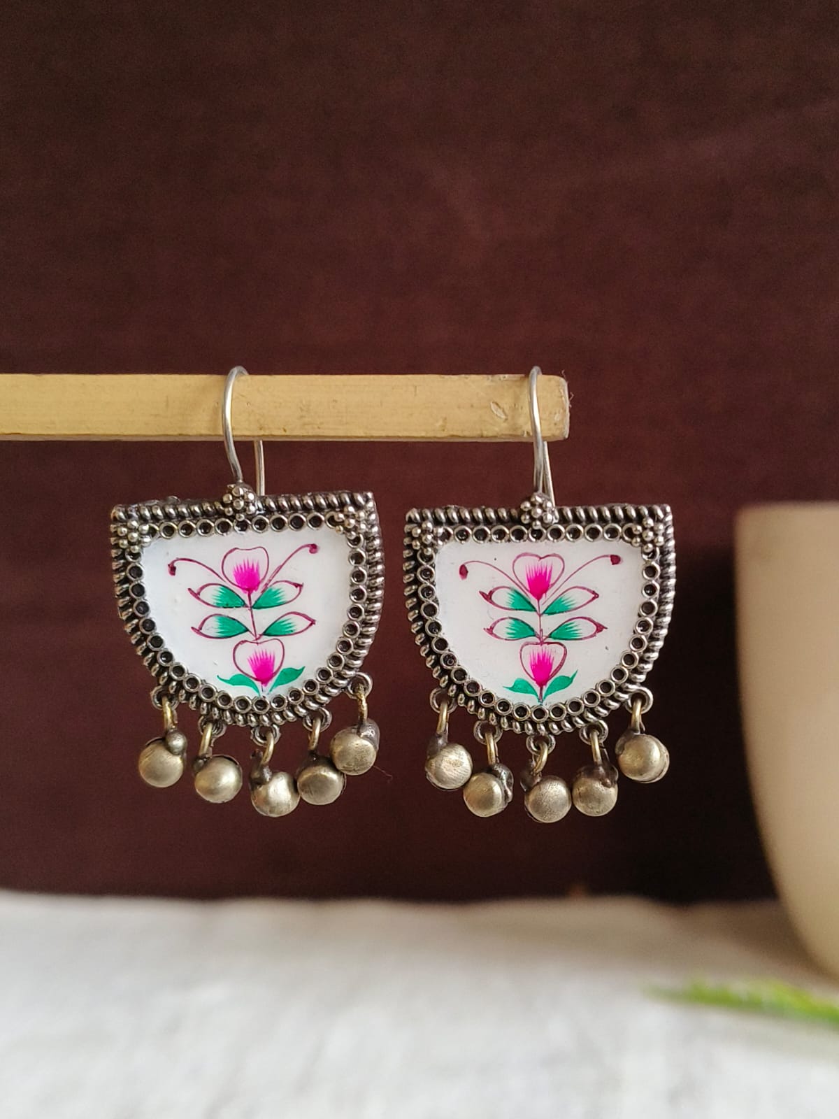 Hand-Painted Meenakari Oxidized Hook Earrings