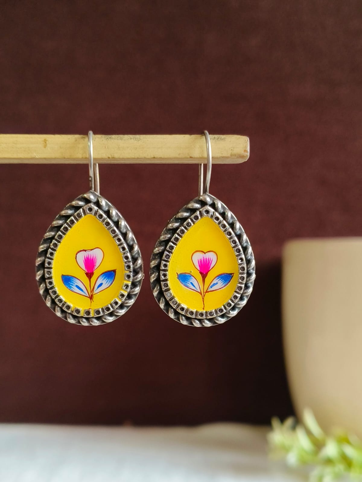 Oxidized Silver Floral Hand-Painted Earring