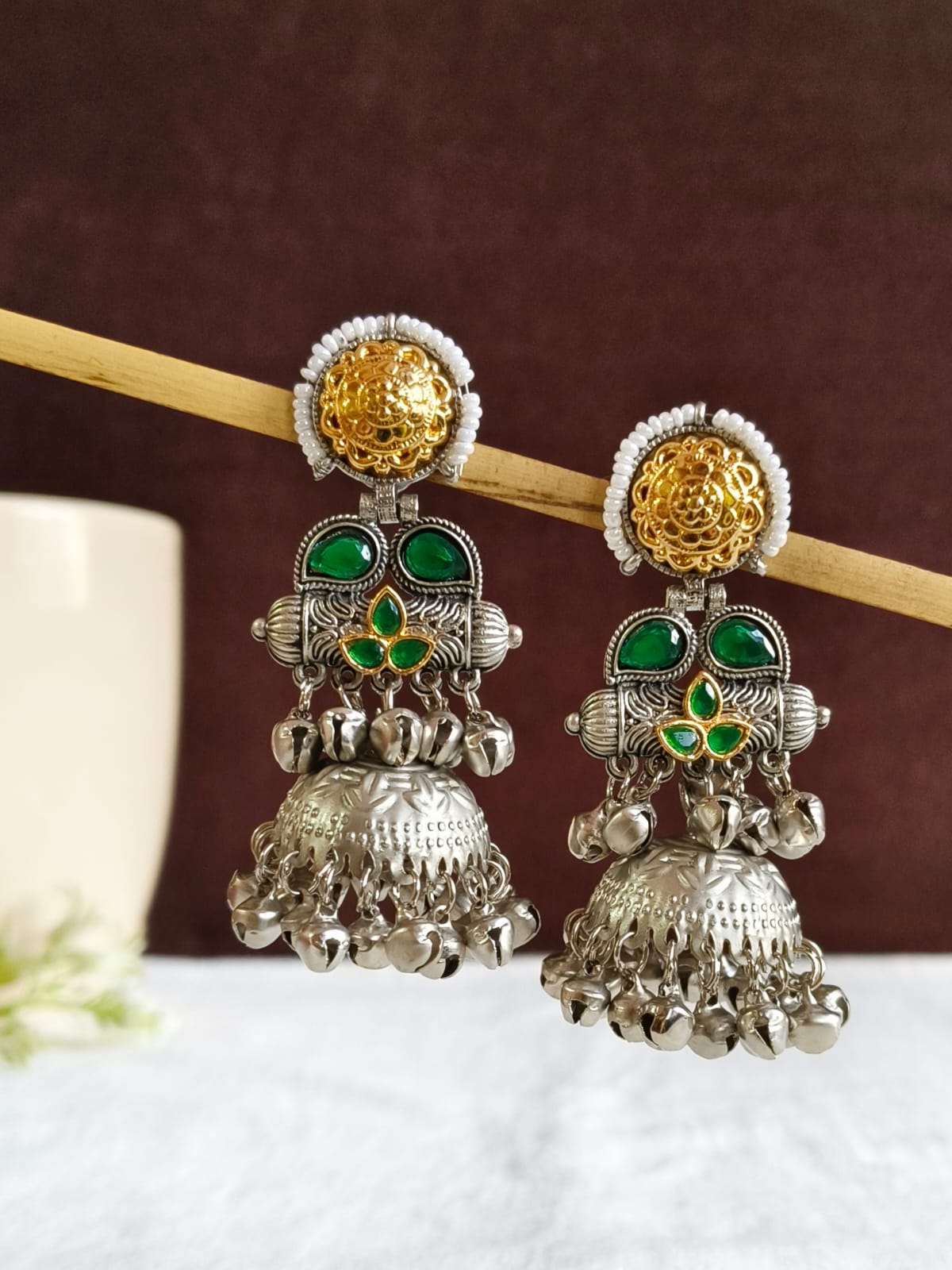 Dual Tone Oxidised Silver Jhumka Earrings | Sarichka