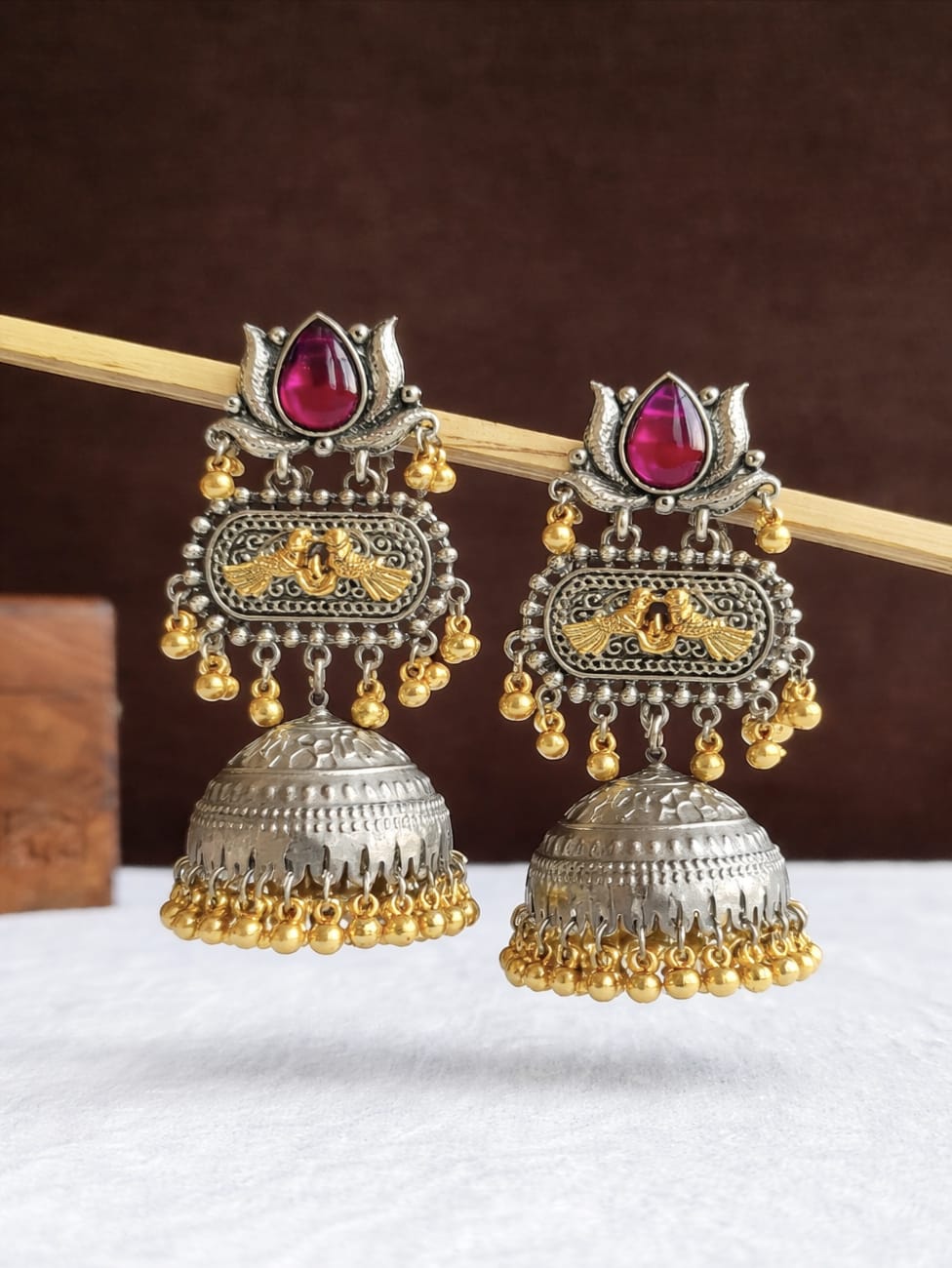 Dual Tone Ghungroo Beaded Dome Jhumkas | Sarichka