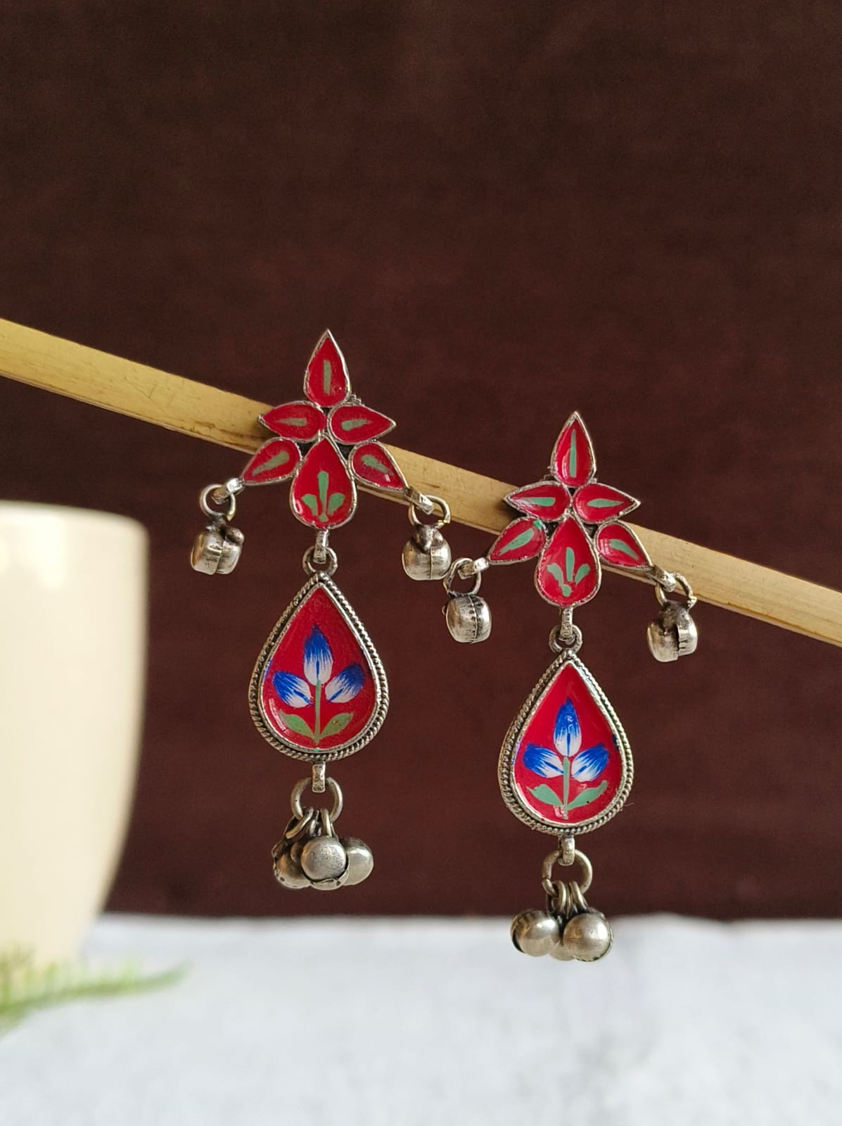 Hand-Painted Meenakari Floral Oxidized Silver Earring