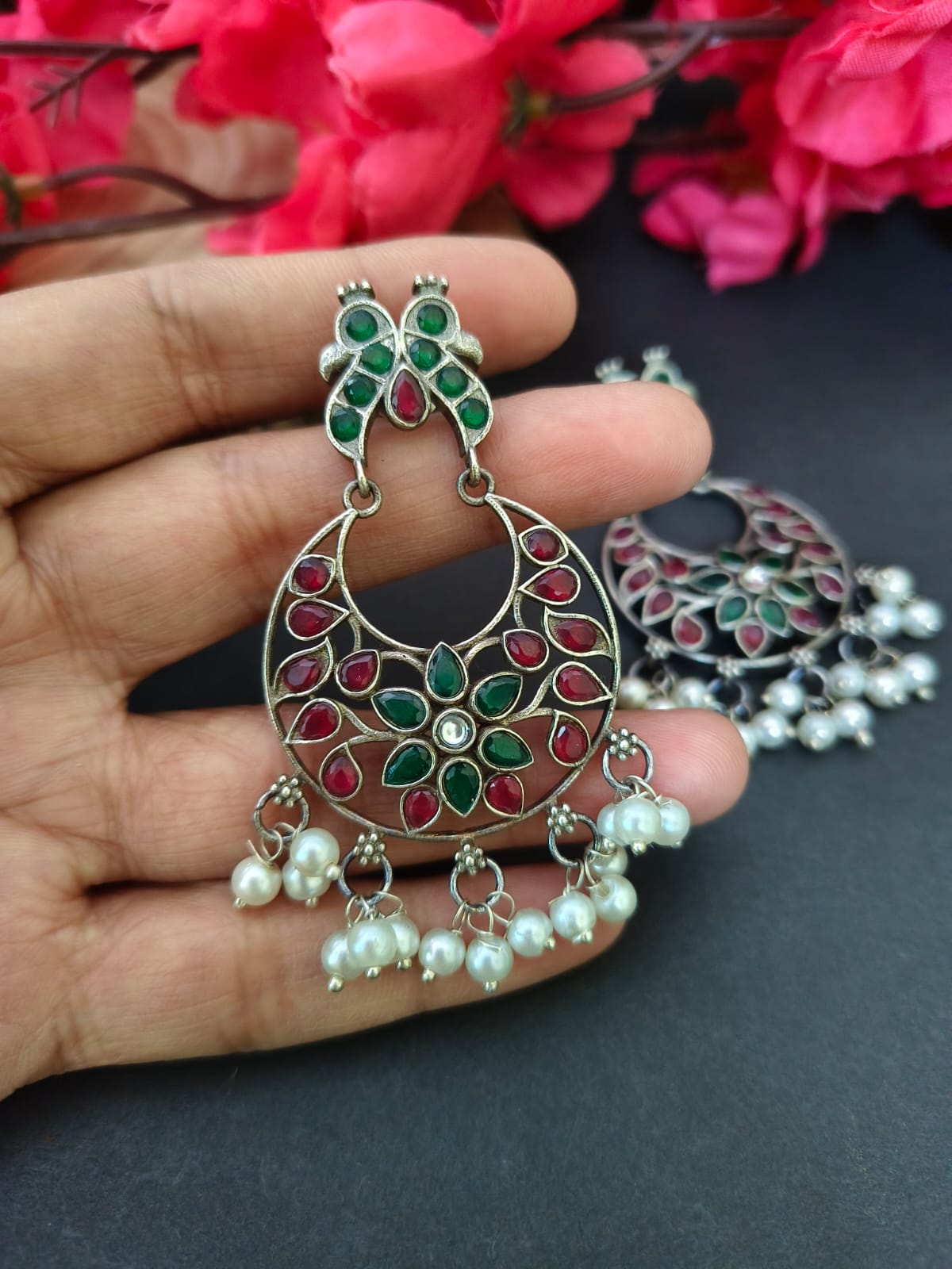 Pearl Oxidised Chandbali Earrings | Sarichka