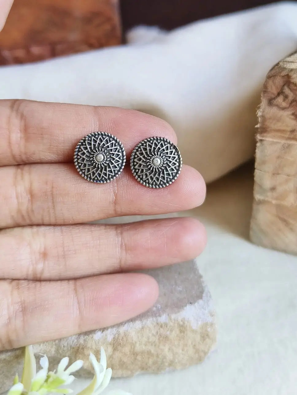 Oxidised Silver Round Stud Earrings for Timeless, Everyday Elegance | Sarichka