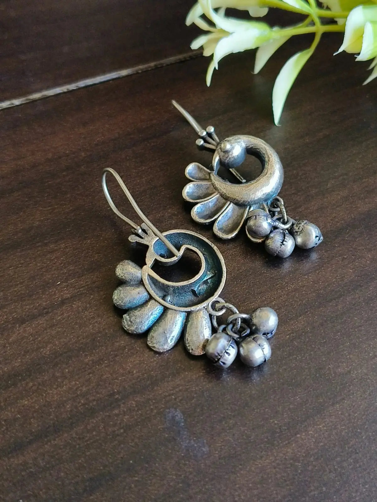 Oxidized Peacock Hook Earrings with Ghungroo Detailing | Sarichka