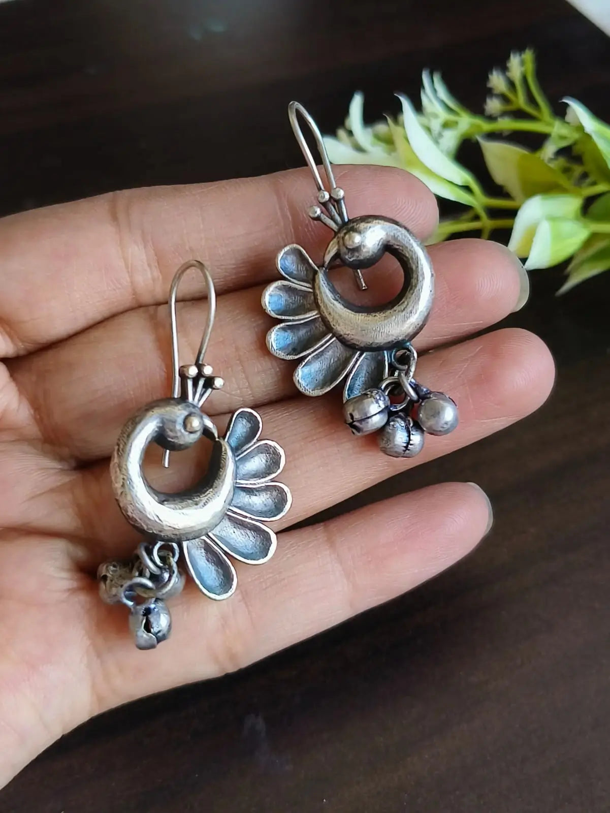 Oxidized Peacock Hook Earrings with Ghungroo Detailing | Sarichka