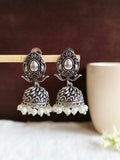 Elegant German Silver Pearl Jhumka Earrings with Intricate Floral Design | Sarichka