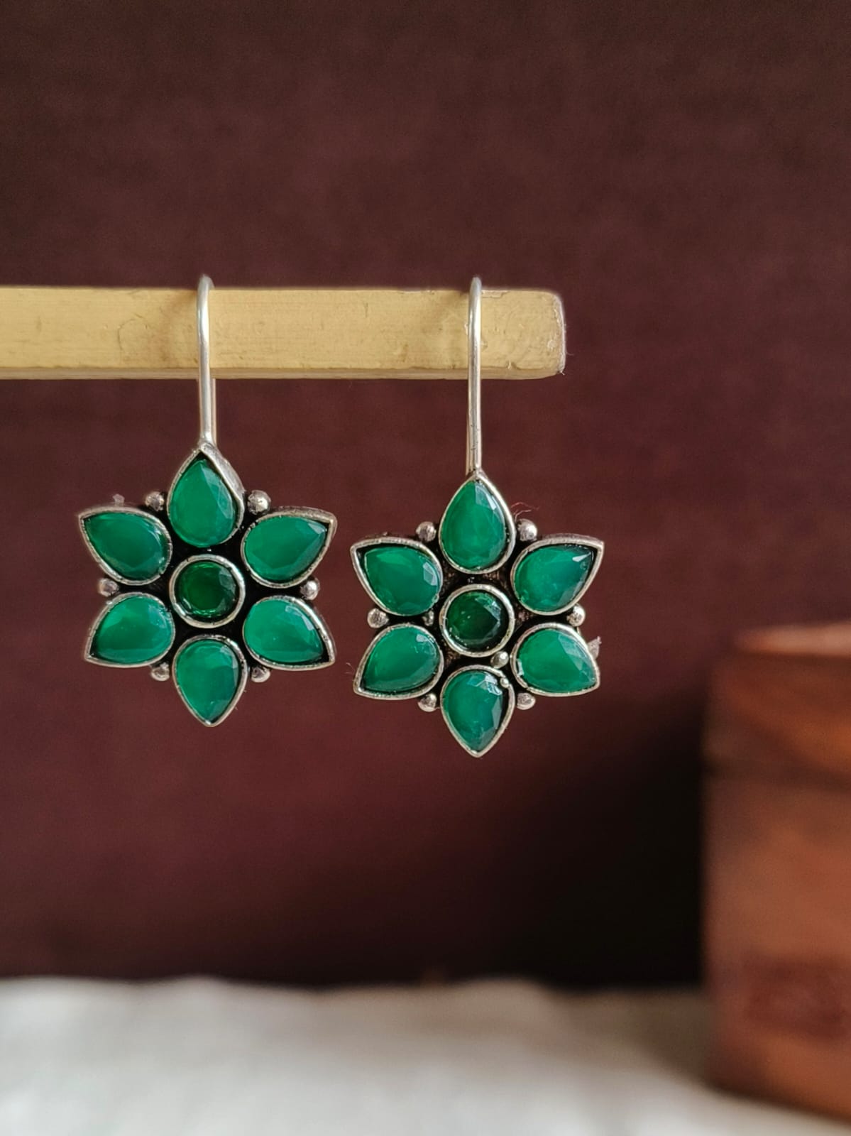 Oxidised Floral Hook Earrings with Multi-Color Stones | Sarichka