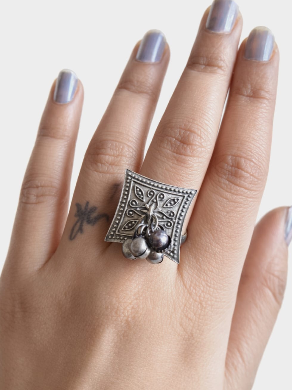 Silver Square Ghungroo Adjustable Ring | Sarichka Fashion