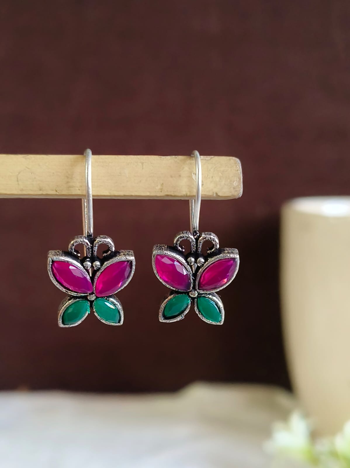 Oxidized Butterfly Style Stone Hook Earrings for Daily Wear | Sarichka