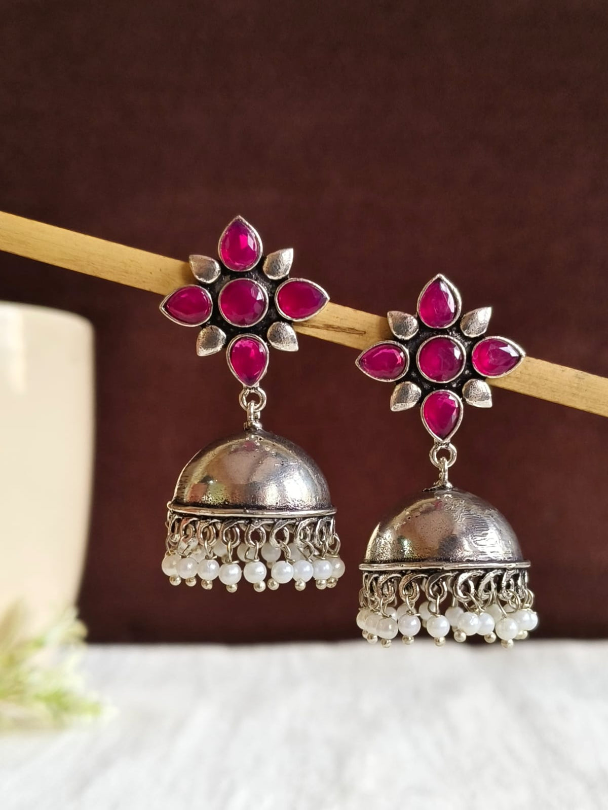 Trendy German Silver Pearl Jhumka Earrings for Elegant Style | Sarichka