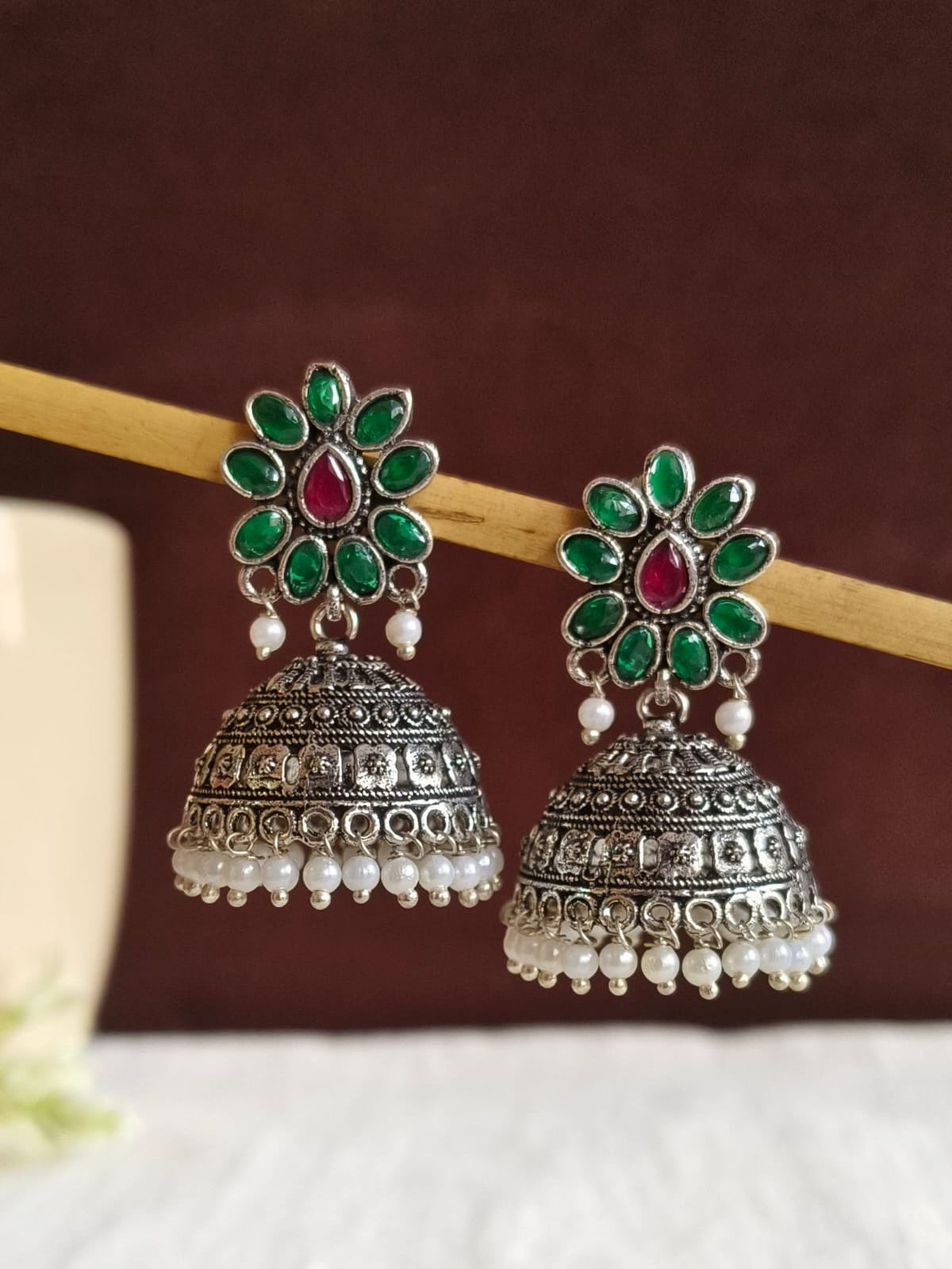 Oxidised Pearl & Stone Jhumka Earrings for Elegant Occasions | Sarichka