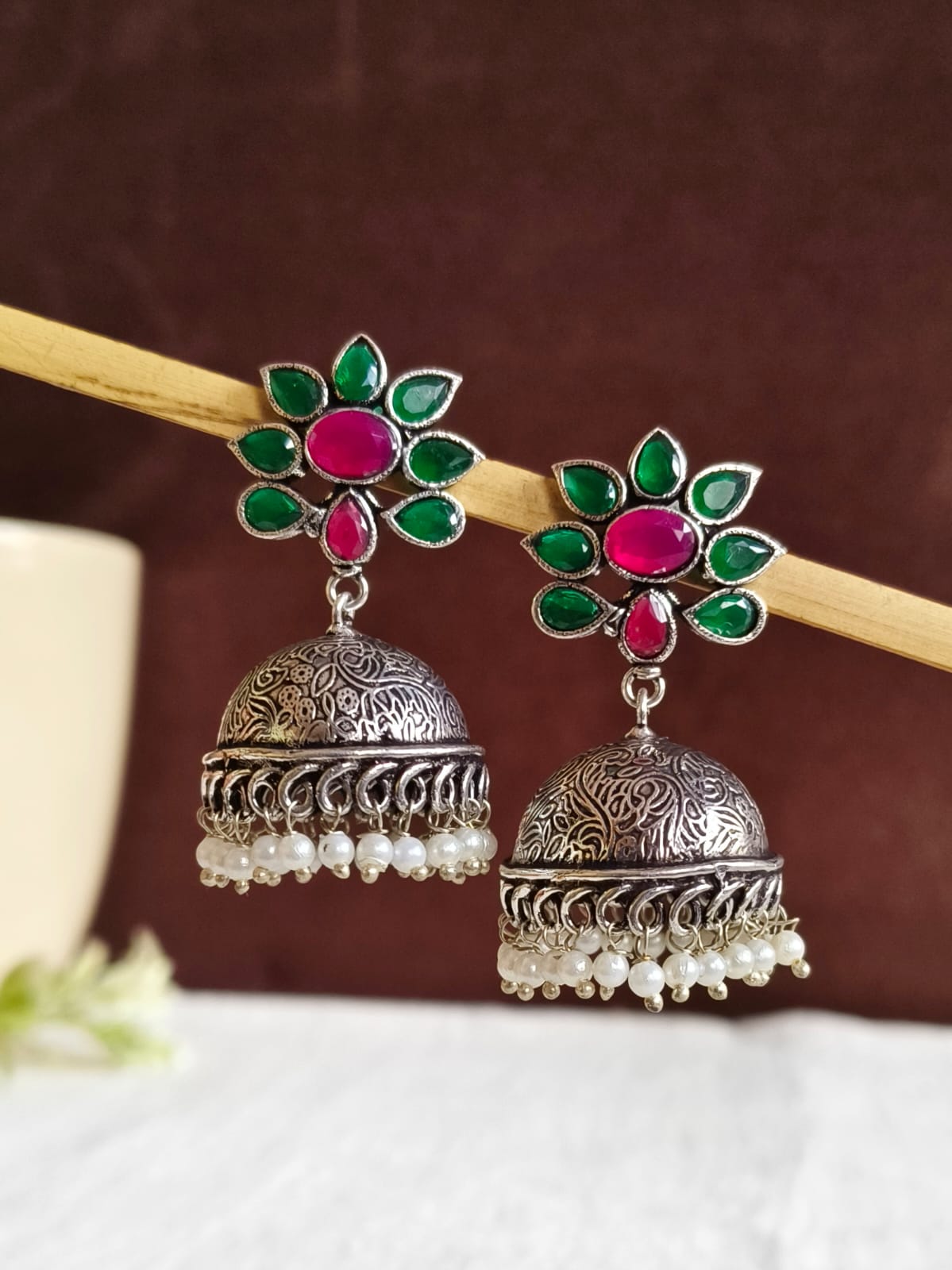 Stone Studded Oxidised Pearl Jhumka | Sarichka