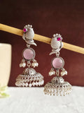 Traditional Silver Replica Peacock Jhumka Earrings with Monalisa Stone | Sarichka