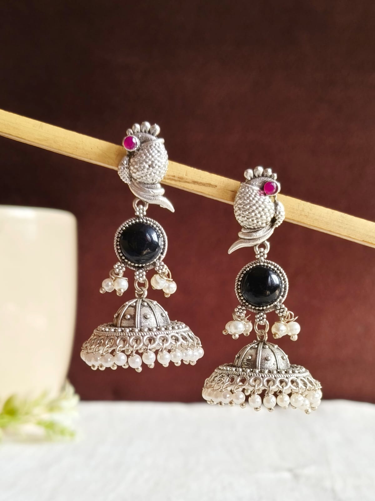 Traditional Silver Replica Peacock Jhumka Earrings with Monalisa Stone | Sarichka