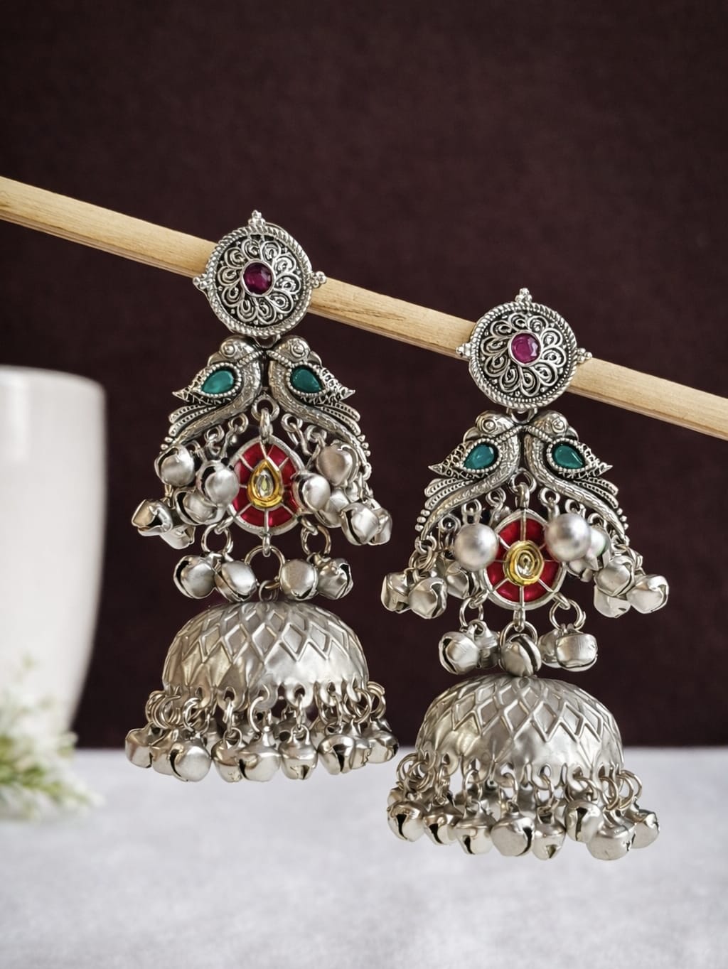 Oxidized Silver Peacock Jhumka Earrings | Sarichka