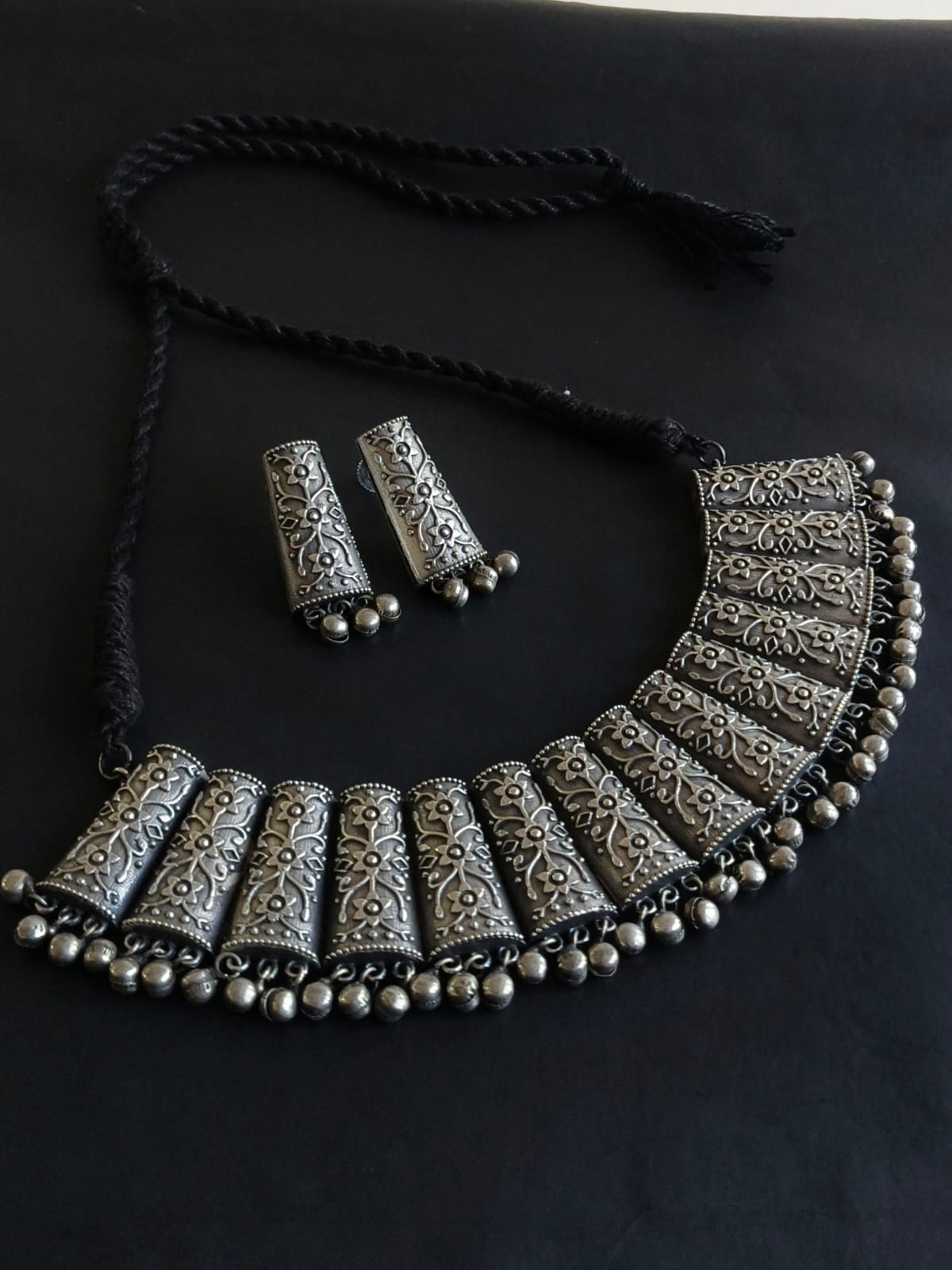 Traditional Oxidised Silver Replica Necklace Set for Navratri & Garba | Sarichka