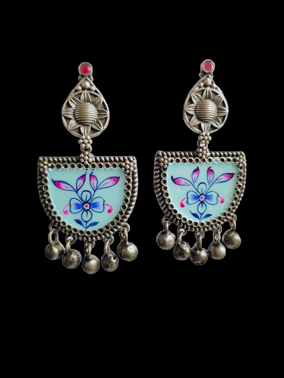 D Shaped Enamel Earrings with Small Ghungroo | Sarichka - Sarichka FashionSarichka Fashion