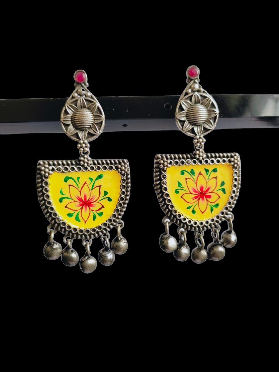 D Shaped Enamel Earrings with Small Ghungroo | Sarichka - Sarichka FashionSarichka Fashion