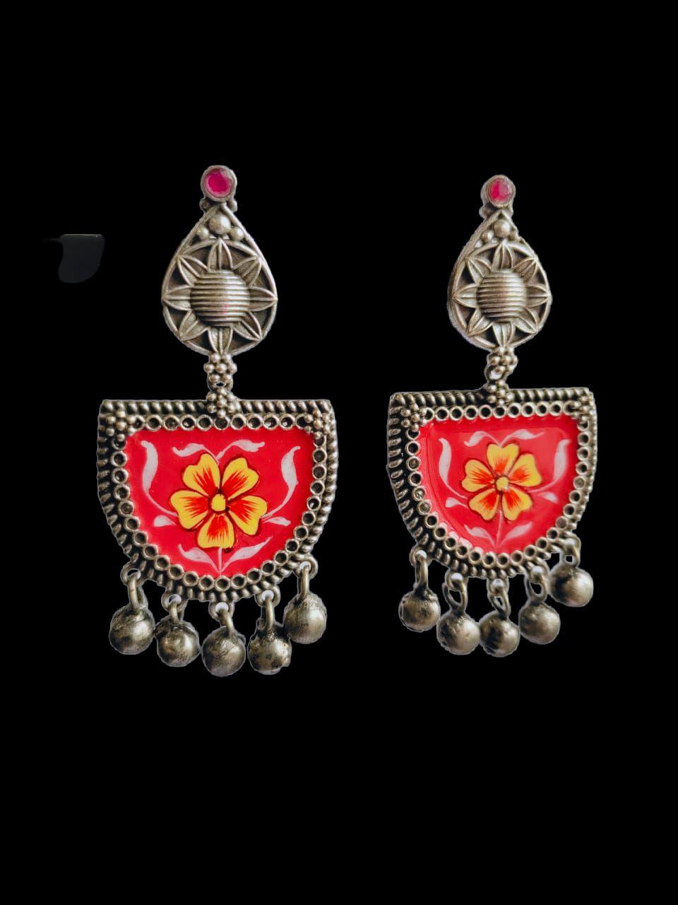 D Shaped Enamel Earrings with Small Ghungroo | Sarichka - Sarichka FashionSarichka Fashion