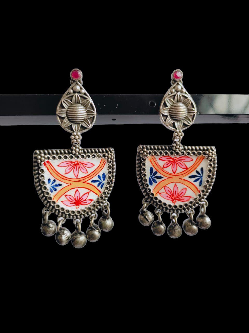 D Shaped Enamel Earrings with Small Ghungroo | Sarichka - Sarichka FashionSarichka Fashion