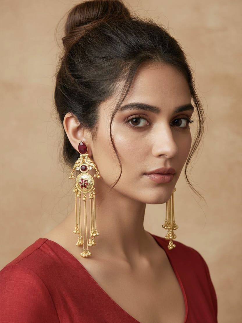 Elegant gold long statement earrings with red touch